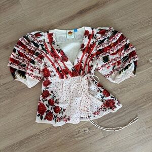 FARM Rio White Wrap Blouse with Red Rose Print and Puff Sleeves